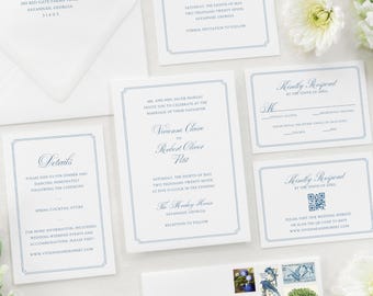 Editable Wedding Invitation Template Suite | Elegant Blue Border Wedding Invite Set | Printable Fine Art Stationery