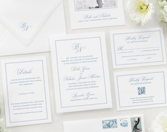 Modern Classic Wedding Invitation Template Set | Editable Canva Wedding Suite with Photo Save the Date | Timeless Blue Typography Design