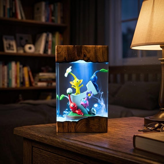 Pikmin Resin Lamp, Custom Pikmin Epoxy Wood Night Light, Cute Gamer Desk Setup Decor, Handcrafted Diorama Light, Unique 