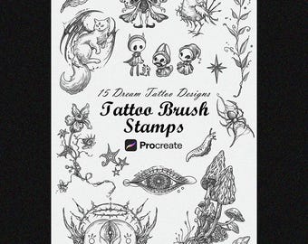 May include: Black and white illustrations of various fantasy creatures and botanical elements. The image includes a winged cat, a fairy-like figure, and mushroom designs. Text reads "15 Dream Tattoo Designs" and "Tattoo Brush Stamps" for Procreate.