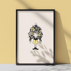 Fata floreale gialla stampabile da parete, versioni lineari e colorate, formati quadrati e poster
