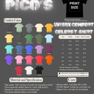 May include: A product display featuring a variety of unisex comfort color t-shirts in various colors, including graphite, bay, and mustard. The image includes a size chart and care instructions. The shirts are made of 100% ring-spun US cotton.