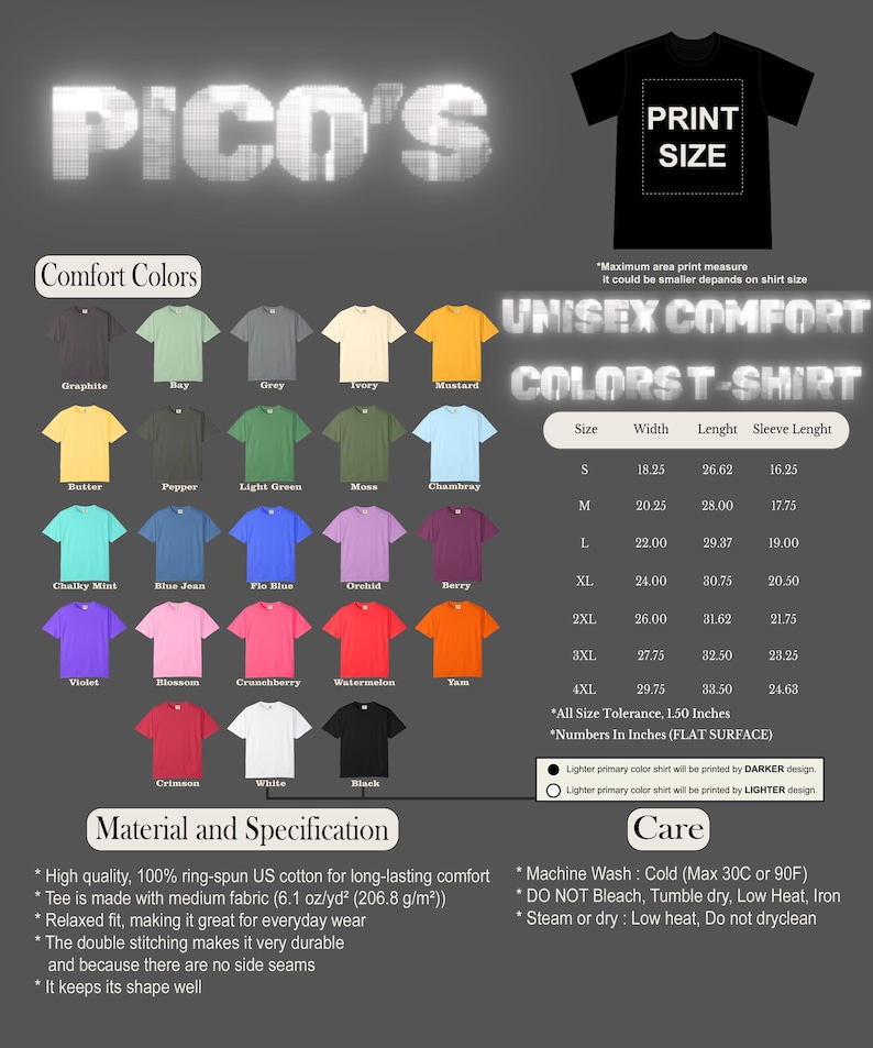 May include: A product display featuring a variety of unisex comfort color t-shirts in various colors, including graphite, bay, and mustard. The image includes a size chart and care instructions. The shirts are made of 100% ring-spun US cotton.