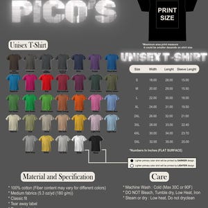 May include: A product image showcasing a variety of unisex t-shirts in various colors, including black, white, and navy. The image includes a size chart with measurements in inches and care instructions. The shirts are made of 100% cotton.