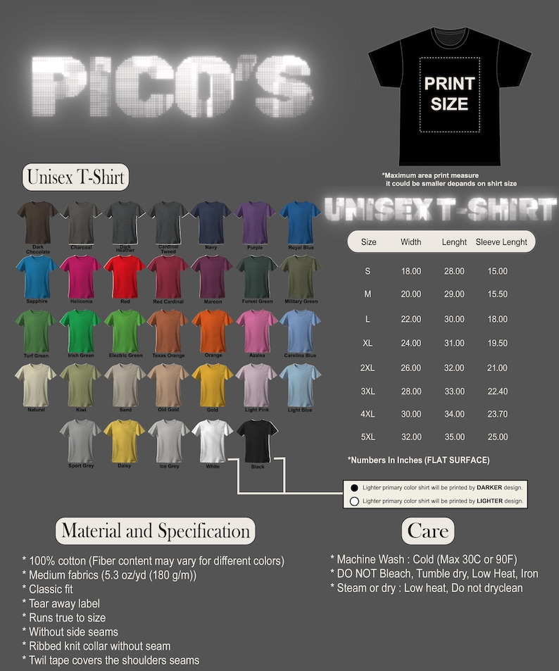 May include: A product image showcasing a variety of unisex t-shirts in various colors, including black, white, and navy. The image includes a size chart with measurements in inches and care instructions. The shirts are made of 100% cotton.