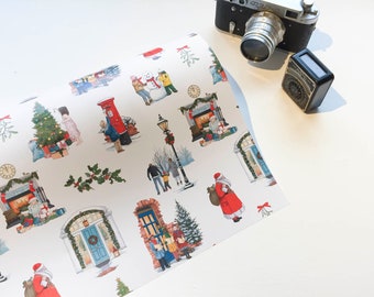 May include: A sheet of Christmas-themed wrapping paper with various illustrations. Scenes include a decorated Christmas tree, Santa Claus, snowmen, and people in a snowy village. The illustrations are in a watercolor style with a vintage aesthetic.