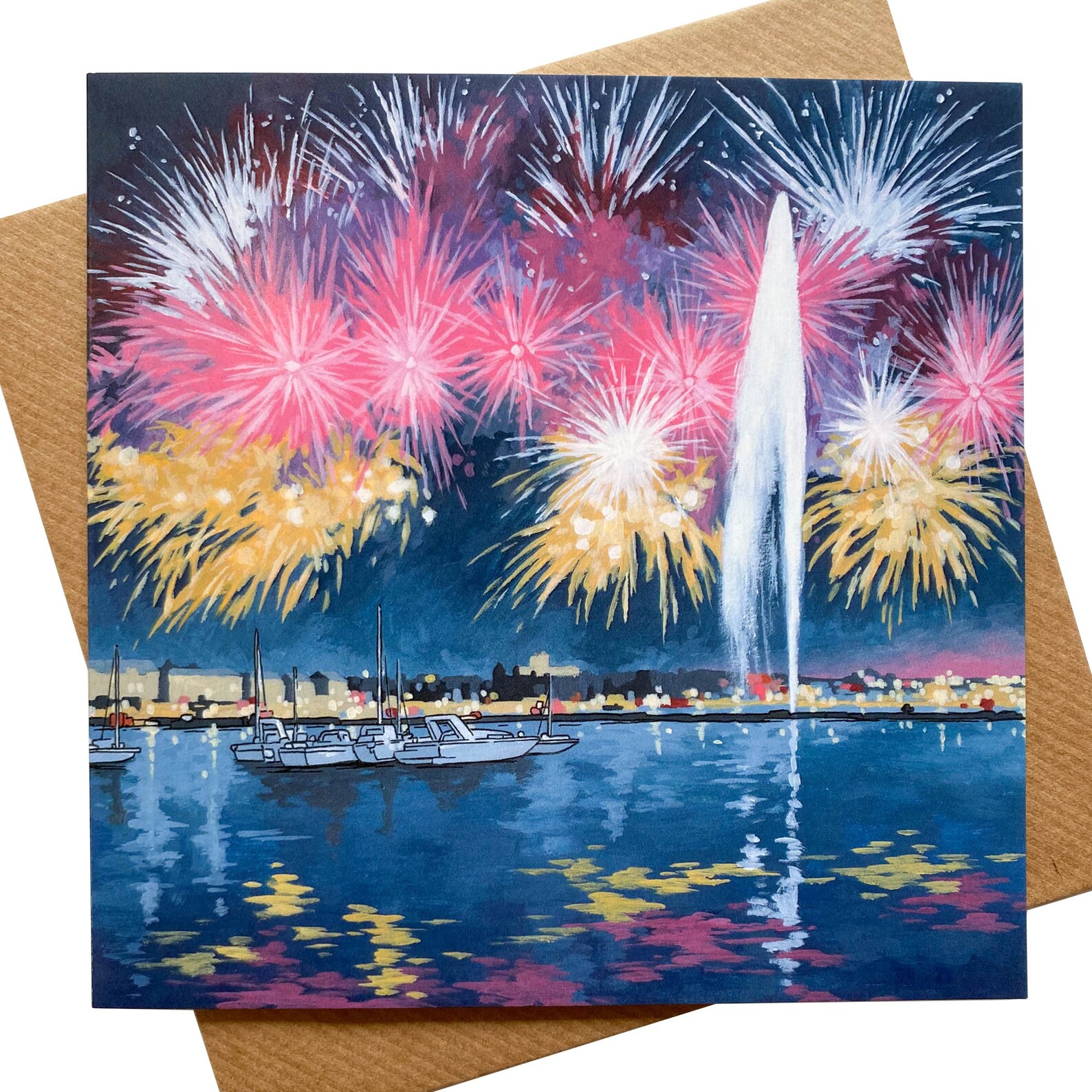 Geneva Fireworks Illustrated Greeting Card Etsy