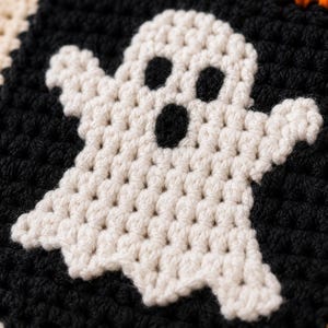 May include: A crochet square featuring a white ghost motif centered on a solid black background. The ghost is crafted with visible yarn stitches, displaying two oval eyes and an oval mouth in black, contrasting against the white yarn body.