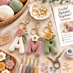Op de afbeelding: Drie gehaakte alfabet-sleutelhangers in de letters A, M en R, elk versierd met een gehaakte bloem en een knoop. De set bevat goudkleurige sleutelringen, bollen garen, haaknaalden, steekmarkeerders, een schaar en een instructiekaart voor het patroon.