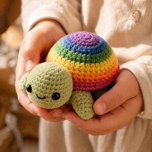 May include: A small, handmade crochet turtle toy featuring a light green head and limbs with black plastic eyes and a stitched smile. The turtle shell is crafted with concentric rings of yarn in vibrant rainbow colours including purple, blue, green, yellow, orange, and pink.