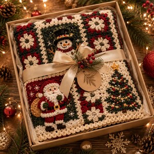 Peut inclure: Une couverture en crochet pliée présentant des carrés festifs avec un bonhomme de neige, le Père Noël et un sapin de Noël dans des tons rouge, vert et crème. La couverture est nouée avec un ruban crème, des baies rouges et une étiquette.