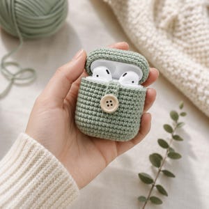 May include: A sage green crocheted protective case for wireless earbuds. The case features a textured knit pattern, a small tab closure secured with a light beige four-hole button, and an open top revealing white wireless earbuds inside.