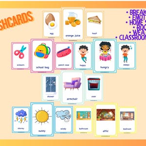 Peut inclure: Ensemble de 101 cartes flash avec illustrations et texte. Les cartes couvrent des sujets tels que le petit-déjeuner, les émotions, les objets de la maison, les pièces, la météo et les objets de classe. On y trouve un œuf, du jus d'orange, un cartable et du soleil.