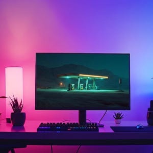 May include: A computer monitor displaying a gas station at night, positioned on a desk with a mechanical keyboard, a mouse on a pad, and several potted plants. The room is illuminated by vibrant pink and blue ambient lighting.