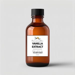 May include: A brown glass bottle of homemade vanilla extract with a black cap. The white label reads "Homemade Vanilla Extract" with a vanilla flower illustration. The label also states "Made with love by The Smith Family" and "4 ounces."