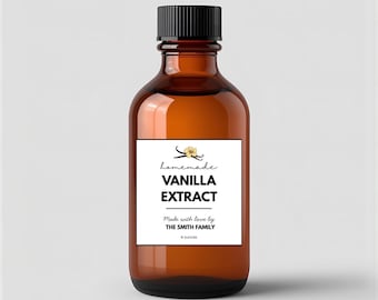 May include: A brown glass bottle of homemade vanilla extract with a black cap. The white label reads "Homemade Vanilla Extract" with a vanilla flower illustration. The label also states "Made with love by The Smith Family" and "4 ounces."
