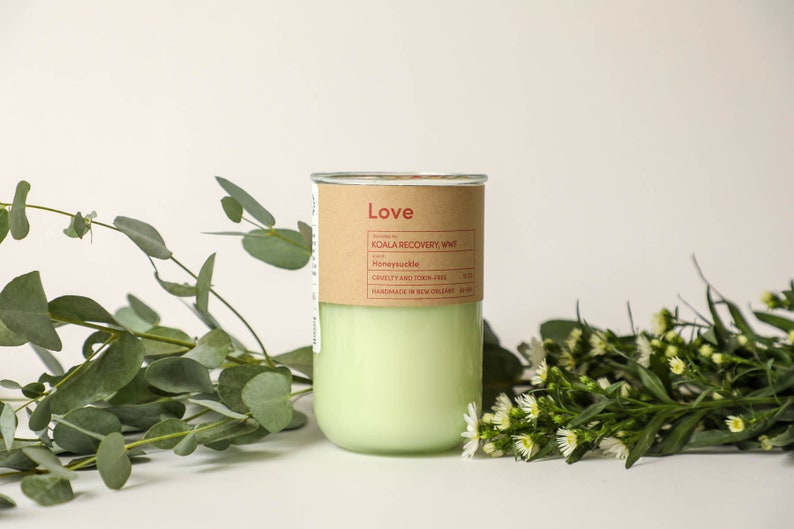 LOVE, Candle that gives to World Wildlife Fund, Koala Recovery, Honeysuckle Scent image 2