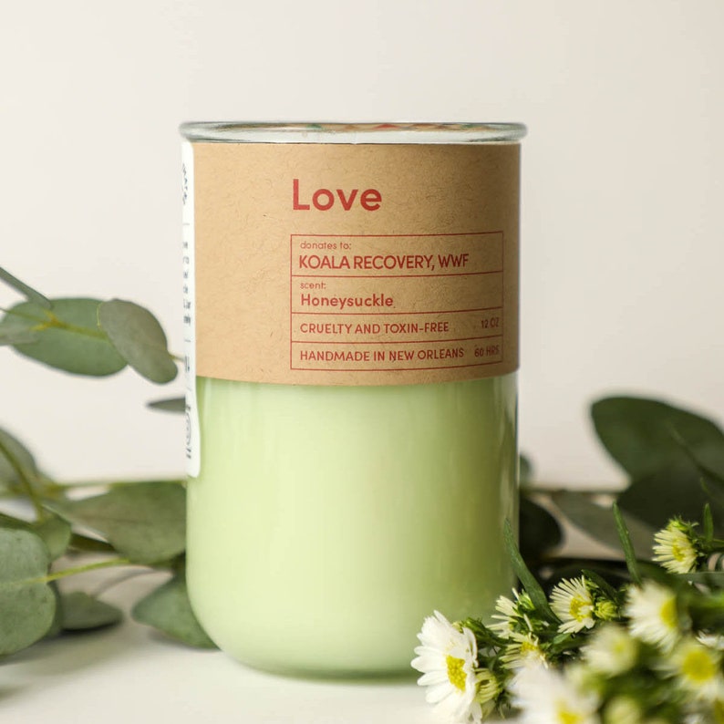 LOVE, Candle that gives to World Wildlife Fund, Koala Recovery, Honeysuckle Scent image 1