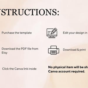 以下が含まれることがあります： 手順のグラフィック。テンプレートの購入、Canvaでの編集、EtsyからのPDFのダウンロード、ダウンロードと印刷、Canvaリンクのクリック。物理的なアイテムは発送されず、Canvaアカウントが必要であるとテキストに記載されています。