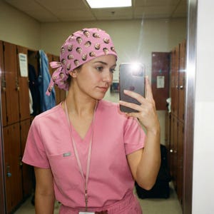 May include: A pink scrub cap featuring a repeating pattern of a person's face printed across the fabric. The cap has a tie-back closure at the nape of the neck, matching the light pink V-neck scrub top worn underneath the head covering.