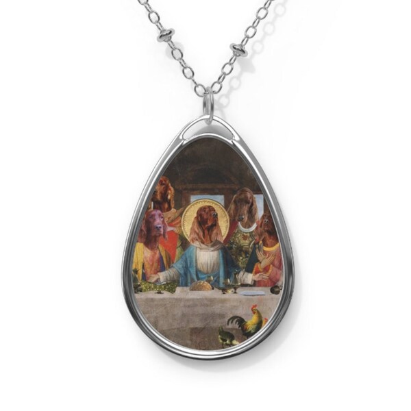 Irish Setter Pendant Last Supper, Custom Setter Dog Jesus Christ Jewelry on 20 inch Chain, Oval Necklace Dog Jewelry Mom & Dad gifts