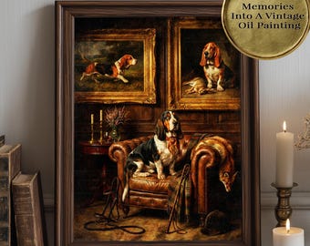 May include: A framed oil painting depicting a Basset Hound sitting on a leather armchair in a room with wood-paneled walls, two smaller framed dog portraits, and a fox pelt. A gold circular badge reads Turn Your Memories Into A Vintage Oil Painting.