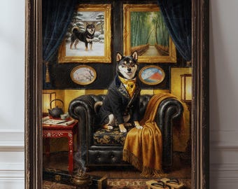 Lienzo con estampado vintage de Shiba Inu, decoración de biblioteca de estilo clásico, retrato de perro de una majestuosa mansión campestre.