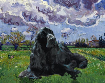 Black Cocker Spaniel Art Canvas Van Gogh Meadow with a Stormy Sky Print - English Cocker Spaniel for Dog Moms Dads - Personalized Gifts