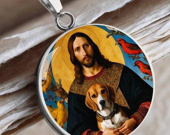 Beagle and Jesus Christ Necklace, Renaissance Beagle Dog Pendant, Engraving Option, Beagle Dog Gifts, Custom Dog Jewelry