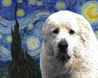 Lienzo artístico del Gran Pirineo, Noche estrellada, impresión personalizada, retrato personalizado de perro de montaña de los Pirineos, regalos para mamá y papá