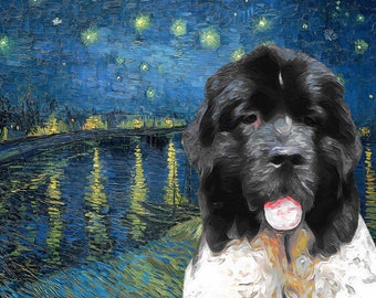 Newfie Newfoundland Dog Art CANVAS Starry Night over The Rhone Van Gogh Customized print Landseer Personalized Dog Portrait Mom & Dad gifts