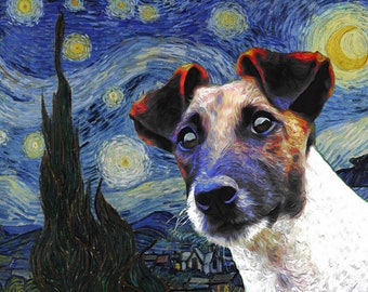 Impression d'art Fox Terrier nuit étoilée : Portrait de chien style Van Gogh