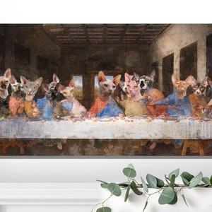 Sphynx Cat Art, Last Supper Da Vinci Hairless Cat Gifts, Renaissance Cat Masterpiece Print, Sphynx Cat Lover Mom & Dad gifts