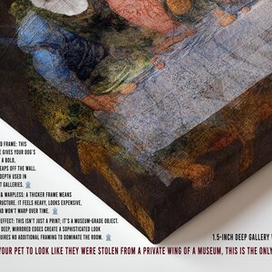 The image is a close-up of a textured, colorful painting with a detailed description of the artwork.