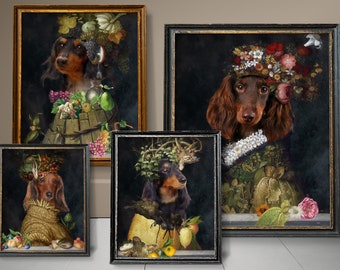 Long-haired Dachshund Gifts, Sausage Dog Art, Winter, Spring, Summer, Autumn, Four Seasons Arcimboldo, Renaissance Dog Mom & Dad gifts