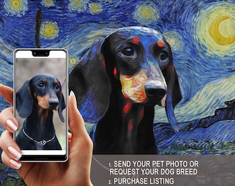 Personalized Dog Art Starry Night Van Gogh CANVAS PRINT with Your Pet Picture and Your Place Customized Pet Gifts by Nobility Dogs