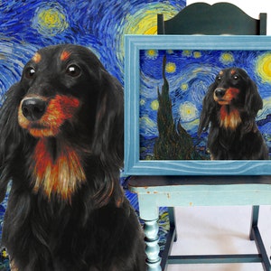 Long-haired Dachshund Art CANVAS Starry Night Van Gogh Black Doxie Wiener Dog Print and Mug Personalized Dog Portrait Mom & Dad gifts