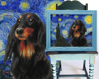 Long-haired Dachshund Art CANVAS Starry Night Van Gogh Black Doxie Wiener Dog Print and Mug Personalized Dog Portrait Mom & Dad gifts