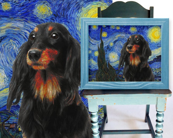 Long-haired Dachshund Art CANVAS Starry Night Van Gogh Black
