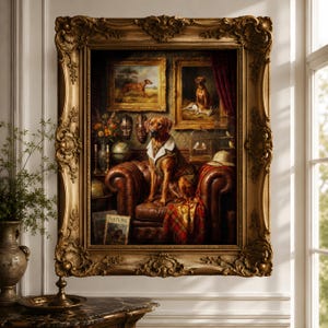 May include: A framed oil painting depicting a brown dog wearing a collared jacket, sitting on a tufted leather armchair. The scene includes a globe, tribal masks, a birdcage, and framed animal portraits on the wall, all enclosed in an ornate gold frame.