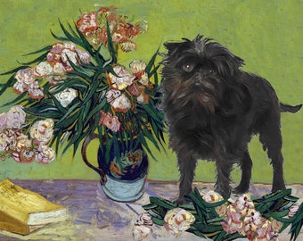 Customized Affenpinscher Canvas Art Dog Portrait Vase with Oleanders and Books Van Gogh Inspired Personalized for Dog Mom Dad Gifts