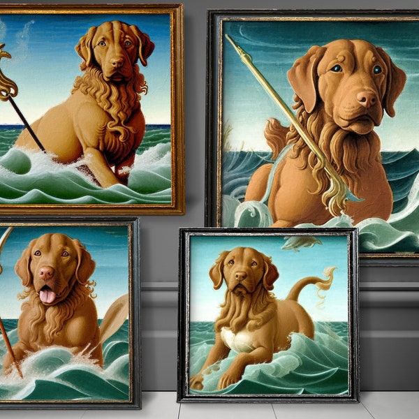 Chesapeake Bay Retriever Poseidon on a rolling Sea, Chessie Dog Gifts Art by Sandro Botticelli, Renaissance Artwork, Dog Mom & Dad gifts