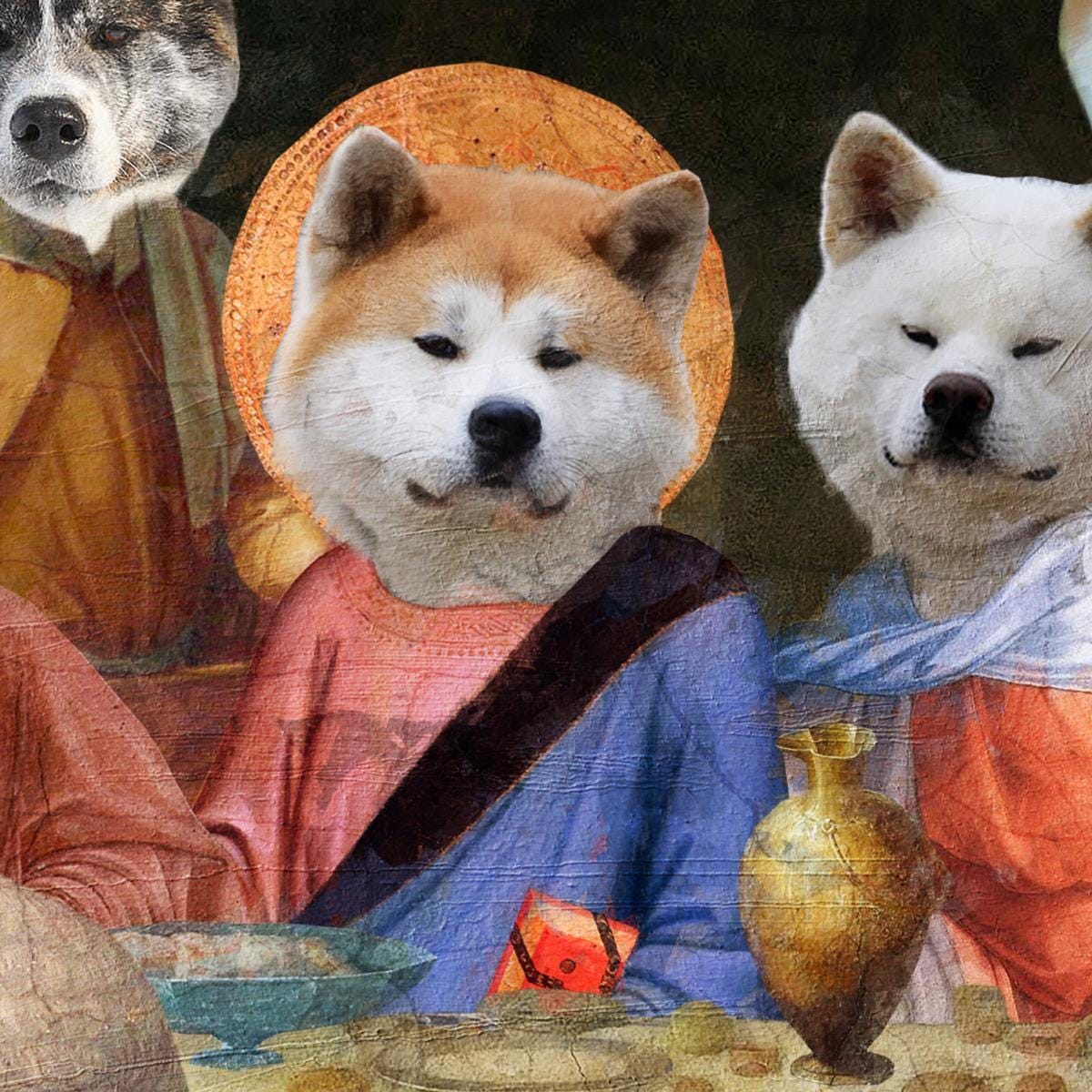 秋田犬の最後の晩餐アート：ルネッサンス犬キャンバスプリント - 限定