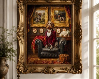 Retrato de grifón de pelo duro de estilo victoriano, decoración de pared en tonos neutros cálidos, pintura al óleo vintage.