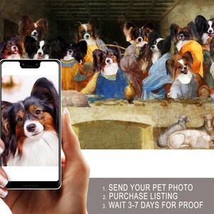 A hand holding a smartphone displaying a close-up of a dog's face, with a painting of dogs in the background.