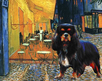 Angepasste schwarz und hellbraune Cavalier King Charles Spaniel Leinwanddruck - Wandkunst Cafe Terrasse - Perfektes Geschenk für Cavalier Mom und Dad