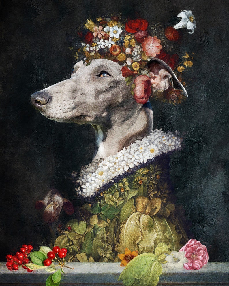 Italienischer Windhund Geschenke, Iggy Hund Kunst, Winter, Frühling, Sommer, Herbst, vier Jahreszeiten Arcimboldo, Renaissance Hund Mama & Papa Geschenke Bild 4