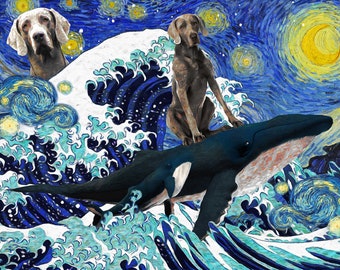 Weimaraner Gifts Van Gogh Starry Night over the Great Wave Art, Gallery Wrap Print Mom & Dad gifts by Nobility Dogs