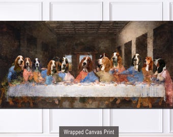 Impresión en lienzo de la Última Cena de Basset Hound: Arte canino renacentista, retrato personalizado de mascota