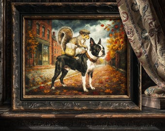 Arte de ardilla cartero Boston Terrier / Decoración original para el hogar / Lienzo con estilo melancólico